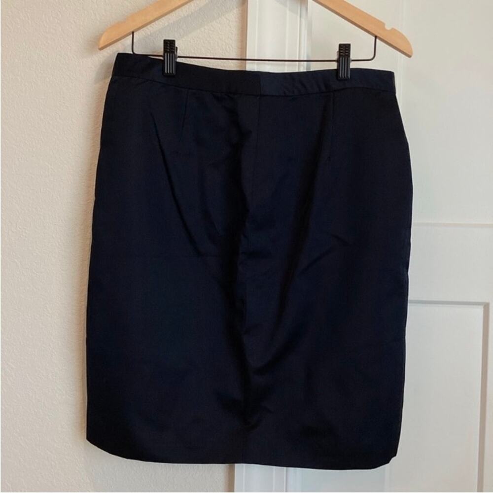 Minimalist VTG Monique Lhuillier Navy Silk Pencil Skirt Sz 10 Front Slit Capsule